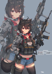 Rule 34 | 1girl, absurdres, animal, animal ears, assault rifle, brown hair, foregrip, gloves, gun, highres, holster, insignia, magazine (weapon), original, red eyes, rifle, scope, shorts, solo, syaha, thighhighs, trigger discipline, weapon