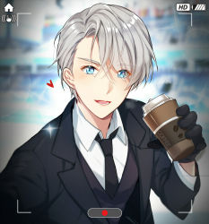 Rule 34 | 10s, 1boy, black necktie, coffee cup, cup, disposable cup, heart, highres, holding, holding cup, male focus, necktie, open mouth, pingo, silver hair, solo, viewfinder, viktor nikiforov, yuri!!! on ice