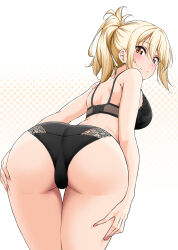 1girl ass ass_focus bent_over black_bra black_panties blonde_hair blush bra breasts closed_mouth from_behind highres large_breasts looking_at_viewer love_live! love_live!_nijigasaki_high_school_idol_club medium_hair miyashita_ai panties ponytail red_eyes solo thighs underwear yopparai_oni