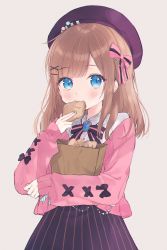 Rule 34 | 1girl, absurdres, beret, black bow, black hat, black skirt, blue eyes, blue nails, blush, bow, brooch, brown hair, cardigan, collared shirt, commentary request, eating, food, grey background, hair bow, hair ornament, hairclip, hat, highres, holding, holding food, huge filesize, jewelry, long hair, long sleeves, looking at viewer, nail polish, nare (17 junana), nijisanji, pink bow, pink cardigan, puffy long sleeves, puffy sleeves, shirt, simple background, skirt, sleeves past wrists, solo, striped bow, striped clothes, striped skirt, suzuhara lulu, taiyaki, vertical-striped clothes, vertical-striped skirt, virtual youtuber, wagashi, white shirt, x hair ornament