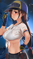 Rule 34 | 1girl, baseball cap, bikini, bikini under clothes, breasts, brown hair, clenched hand, closed mouth, commentary, crop top, final fantasy, final fantasy vii, final fantasy vii ever crisis, fingerless gloves, gloves, hand on own hip, hat, highres, large breasts, long hair, low-tied long hair, midriff, navel, official alternate costume, red eyes, see-through, see-through shirt, shirt, solo, stomach, swimsuit, tied shirt, tifa lockhart, tifa lockhart (lifeguard), very long hair, wagemappa, wet, wet clothes, wet shirt