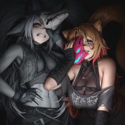 Rule 34 | 2girls, animal ear fluff, animal ears, bandaid, bandaid on face, bandaid on nose, bare shoulders, belt, belt collar, black belt, black gloves, blonde hair, blue eyes, breasts, cat ears, cat girl, cat tail, chest belt, cleavage, clenched teeth, collar, cropped jacket, dyarikku (vtuber), facial mark, fang, fox ears, fox girl, fox mask, gloves, grey eyes, grey gloves, grey hair, grey jacket, grey shirt, highres, holding, holding mask, indie virtual youtuber, jacket, large breasts, leaning forward, long hair, mask, multiple girls, navel, numanoan, obkatiekat, off shoulder, open clothes, open jacket, parted lips, partially fingerless gloves, pink hair, second-party source, see-through, see-through cleavage, shirt, slit pupils, tail, teeth, torn clothes, torn shirt, vyugen, whisker markings