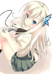 Rule 34 | 10s, 1girl, aqua eyes, ascot, black socks, blonde hair, boku wa tomodachi ga sukunai, breasts, butterfly hair ornament, controller, face, fang, game controller, hair ornament, highres, kashiwazaki sena, kneehighs, lace, lace-trimmed skirt, lace trim, long hair, murakami suigun, open mouth, pleated skirt, school uniform, simple background, sitting, skirt, small breasts, smile, socks, solo