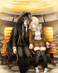 Rule 34 | 10s, 1boy, 1girl, absurdres, bench, black hair, black thighhighs, closed eyes, collaboration, danganronpa (series), danganronpa 2: goodbye despair, danganronpa 3 (anime), formal, game over, hair ornament, hairclip, handheld game console, hetero, highres, holding hands, hood, hoodie, imo (kong), kamukura izuru, leaning on person, leaning to the side, loafers, long hair, murasaki (deceive138), nanami chiaki, necktie, school uniform, shoes, short hair, sitting, skirt, spoilers, suit, thighhighs, very long hair, zettai ryouiki