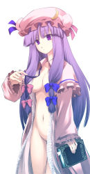 Rule 34 | 1girl, book, bow, breasts, crescent, crescent moon, female focus, groin, hair bow, hair ribbon, large breasts, long hair, moon, multiple hair bows, navel, no bra, no panties, open clothes, open robe, ouma tokiichi, patchouli knowledge, purple eyes, purple hair, ribbon, robe, simple background, solo, standing, touhou, untied