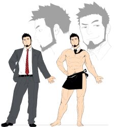 Rule 34 | 1boy, abs, apron, bara, belt, biceps, black apron, black belt, black hair, facial hair, formal, goatee, grey pants, itto (mentaiko), looking at viewer, looking to the side, male focus, muscular, muscular male, naked apron, original, pants, pectorals, raised eyebrow, red tie, sketch, smile, suit, thick eyebrows, thighs