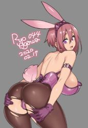 Rule 34 | 1girl, 2020, agawa ryou, animal ears, armband, ass, bare back, bare shoulders, breasts, commentary, dated, gloves, grey background, huge breasts, looking at viewer, looking back, original, panties, pantyhose, pink eyes, purple gloves, purple panties, rabbit ears, rabbit tail, red hair, short hair, sideboob, simple background, solo, tail, thighs, torn clothes, torn pantyhose, underwear