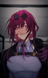 Rule 34 | 1girl, black jacket, blood, blood on face, breasts, commentary request, earrings, eyewear on head, gloves, gun, handgun, highres, holding, holding gun, holding weapon, honkai: star rail, honkai (series), indoors, jacket, jewelry, kafka (honkai: star rail), long hair, looking at viewer, medium breasts, open clothes, open jacket, purple eyes, purple gloves, purple hair, shino (moi 0142), shirt, solo, sunglasses, upper body, weapon, white shirt