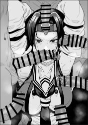 Rule 34 | 1girl, 6+boys, absurdres, angry, armpits, arms behind head, arms up, bar censor, breasts, censored, commission, detached sleeves, forehead protector, foreskin, greyscale, hair intakes, highres, jintsuu (kancolle), jintsuu kai ni (kancolle), kaauchi, kantai collection, large breasts, long foreskin, long hair, looking at viewer, monochrome, multiple boys, multiple penises, neckerchief, penis, penis to breast, precum, sailor collar, school uniform, serafuku, skeb commission, smegma, sweat, upper body
