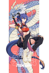 Rule 34 | 1girl, 2024, adapted costume, arknights, armlet, bare shoulders, blue hair, breasts, ch&#039;en (ageless afterglow) (arknights), ch&#039;en (arknights), chaps, chinese clothes, cleavage, cleavage cutout, clothing cutout, commentary request, crop top, dragon, dragon horns, dragon tail, eastern dragon, hair bun, high heels, highres, horns, long hair, looking at viewer, medium breasts, midriff, navel, peppsi (saba sabasuk0), red eyes, shoes, sleeveless, sneakers, solo, stomach, tail, thigh strap, thighs, white footwear