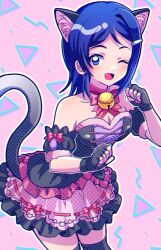 Rule 34 | 1girl, 81 (mellowry), alternate costume, animal ears, arm cuffs, bare shoulders, bell, birthday, black gloves, black socks, blue eyes, blue hair, blush, bodice, bow, bowtie, breasts, cat ears, cat tail, cleavage, clenched hands, commentary request, dot nose, dress, feet out of frame, fingerless gloves, frilled dress, frills, gloves, hair ornament, hairclip, hands up, highres, idol, idol clothes, idolmaster, idolmaster dearly stars, kneehighs, layered dress, leaning forward, looking at viewer, medium breasts, medium hair, mizutani eri, multicolored clothes, multicolored dress, neck bell, one eye closed, open mouth, parted bangs, pink bow, pink bowtie, pink ribbon, ribbon, short bangs, sleeveless, sleeveless dress, smile, socks, solo, standing, straight hair, strapless, strapless dress, tail, tongue