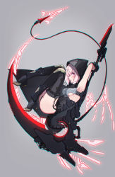 Rule 34 | 1girl, absurdres, arm up, armpits, ass, bare shoulders, black footwear, black panties, boots, breasts, chromatic aberration, cloak, commentary request, full body, garter straps, highres, holding, holding scythe, hood, looking at viewer, medium breasts, oota youjo, original, panties, parted lips, pink eyes, pink hair, scythe, short hair, solo, tail, thigh boots, thighhighs, underwear, weapon, wings