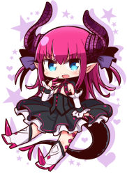Rule 34 | 1girl, blue eyes, blush, boots, chibi, elizabeth bathory (fate), elizabeth bathory (fate/extra ccc), elizabeth bathory (first ascension) (fate), fate/grand order, fate (series), high heel boots, high heels, horns, knee boots, long hair, looking at viewer, naga u, parted lips, pink hair, pointy ears, smile, solo, white footwear