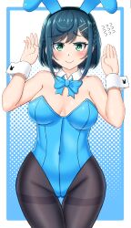 Rule 34 | 1girl, animal ears, black pantyhose, blue background, blue hair, blue leotard, blush, bow, bowtie, breasts, cleavage, colored eyelashes, covered navel, cowboy shot, delicious party precure, detached collar, embarrassed, fake animal ears, fuwa kokone, gluteal fold, gradient background, green eyes, hair ornament, hairclip, highres, leotard, lips, looking at viewer, open mouth, outside border, paldise, pantyhose, playboy bunny, precure, rabbit ears, short hair, small breasts, smile, solo, strapless, strapless leotard, sweatdrop, traditional bowtie, wrist cuffs