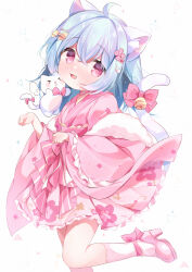 Rule 34 | 1girl, absurdres, ahoge, animal ears, bell, blue hair, bow, cat ears, cat girl, cat tail, commission, floral print, gau (n00 shi), hair ornament, high heels, highres, japanese clothes, kimono, long hair, looking at viewer, open mouth, original, paw pose, pink eyes, pink footwear, pink kimono, pixiv commission, ribbon, simple background, smile, socks, solo, tail, tail bow, tail ornament, tail ribbon, white background, wide sleeves