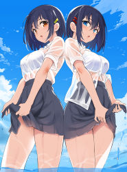 Rule 34 | 2girls, :o, absurdres, black hair, black skirt, blue eyes, blue sky, blush, bra, breasts, brown eyes, collared shirt, commentary request, day, dress shirt, from below, hair ornament, hairclip, high-waist skirt, highres, hoshizuki kaede, hoshizuki suzu, huge filesize, kaede to suzu, kyokucho, looking at viewer, looking down, love me, medium breasts, miniskirt, multiple girls, open mouth, outdoors, see-through, shirt, short hair, short sleeves, siblings, sidelocks, sisters, skirt, sky, thighs, twins, underwear, wading, water, wet, wet clothes, wet shirt, white bra, white shirt, wringing clothes, wringing skirt