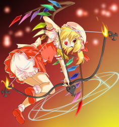 Rule 34 | 1girl, bloomers, bow (weapon), female focus, flandre scarlet, hat, magic circle, michii yuuki, mob cap, octagram, solo, touhou, underwear, weapon, white bloomers, white hat, wings