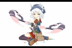 Rule 34 | 1girl, animal ears, bag, black thighhighs, candy, fingerless gloves, food, from behind, gloves, green eyes, hat, letterboxed, lollipop, looking at viewer, original, scroll, scythe, shoulder bag, sitting, solo, thighhighs, wariza, white background, white hair, yuukyuu ponzu