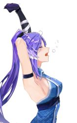 Rule 34 | 1girl, ahoge, armpits, arms up, asymmetrical arms, bandaged arm, bandages, blush, breasts, closed eyes, dragon girl, fang, from side, head wings, highres, long hair, medium hair, nijisanji, nijisanji en, purple hair, purple wings, selen tatsuki, selen tatsuki (2nd costume), sideboob, skin fang, sleepy, solo, stretching, tcell0, virtual youtuber, white background, wings