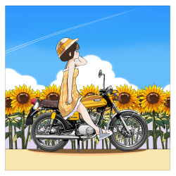 Rule 34 | 1girl, bicycle, camisole, cloud, cloudy sky, day, field, flower, flower field, from side, hand on own head, hat, hat ribbon, highres, original, outdoors, ribbon, sandals, short hair, sitting, sky, solo, sunflower, sunflower field, vehicle focus, wakamizu, white footwear, white hat, yellow camisole, yellow ribbon