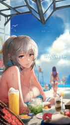 Rule 34 | 1boy, 4girls, aqua eyes, ass, bare shoulders, bikini, breast rest, breasts, breasts on table, cleavage, commentary request, day, drink, food, highres, kneeling, large breasts, long hair, looking at viewer, mole, mole under eye, multiple girls, original, outdoors, pandea work, parted lips, pointy ears, ponytail, purple bikini, purple hair, silver hair, smile, solo focus, standing, swimsuit, untied bikini