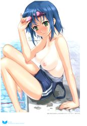 Rule 34 | 1girl, absurdres, bare shoulders, barefoot, blue hair, blush, breasts, clothes pull, goggles, goggles on head, green eyes, happoubi jin, highres, looking at viewer, nipples, one-piece swimsuit pull, one-piece tan, pool, poolside, scan, short hair, sitting, solo, swimsuit, tan, tanline, water