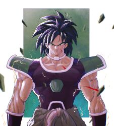 Rule 34 | 1boy, absurdres, black hair, border, bracer, broly (dragon ball super), chinese commentary, closed mouth, collar, commentary, cowboy shot, dragon ball, dragon ball super, dragon ball super broly, facial scar, fur (clothing), green background, green eyes, highres, looking at viewer, male focus, medium hair, muscular, muscular male, outside border, pectorals, rubble, saiyan armor, scar, scar on arm, scar on cheek, scar on chest, scar on face, shank, solo, sparks, spiked hair, white border, white collar