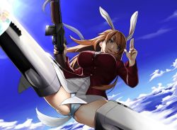 Rule 34 | 1girl, animal ears, asashin (kazami-tomo), ass, blue eyes, blue sky, breasts, brown hair, browning automatic rifle, charlotte e. yeager, cloud, day, groin tendon, large breasts, long hair, panties, rabbit ears, rabbit girl, rabbit tail, sky, solo, spread legs, strike witches, striker unit, tail, thighs, underwear, world witches series