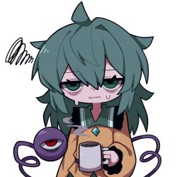 Rule 34 | 1girl, bags under eyes, buttons, closed mouth, coffee, collared sweater, cup, diamond button, exhausted, green eyes, green hair, grey background, hair between eyes, highres, holding, holding cup, komeiji koishi, long hair, looking at viewer, red eyes, simple background, solo, sweater, third eye, touhou, upper body, wavy mouth, yellow sweater, zunusama