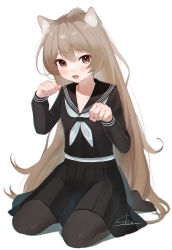 Rule 34 | 1girl, absurdres, aisaka taiga, animal ear fluff, animal ears, black sailor collar, black serafuku, black shirt, black skirt, black thighhighs, blush, brown eyes, brown hair, commentary request, fang, female focus, flat chest, full body, highres, long hair, long sleeves, looking at viewer, neckerchief, oohashi high school uniform, open mouth, paw pose, sailor collar, school uniform, serafuku, shin ilst, shirt, signature, simple background, skirt, solo, squatting, thighhighs, tiger ears, toradora!, very long hair, white background, white neckerchief