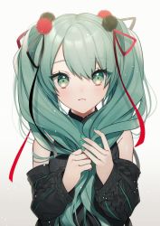 Rule 34 | 1girl, :&lt;, absurdres, bare shoulders, black ribbon, black sweater, blush, closed mouth, detached sleeves, eyelashes, green eyes, green hair, green nails, grey background, hair bobbles, hair ornament, hair over shoulder, hair ribbon, hatsune miku, highres, holding, holding own hair, long hair, nail polish, red ribbon, ribbon, solo, spinel cranweiss (artist), sweater, twintails, upper body, vocaloid