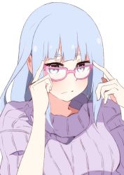 Rule 34 | 1girl, adjusting eyewear, blue eyes, blue hair, blush, breasts, closed mouth, commentary request, enelis, eyebrows hidden by hair, hands up, idolmaster, idolmaster million live!, idolmaster million live! theater days, long hair, looking at viewer, medium breasts, pink-framed eyewear, purple sweater, ribbed sweater, shiraishi tsumugi, simple background, solo, sweater, turtleneck, turtleneck sweater, upper body, wavy mouth, white background