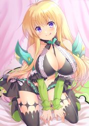 Rule 34 | 1girl, :p, black shorts, black thighhighs, blonde hair, blush, breasts, character request, cleavage, closed mouth, commentary request, full body, green footwear, halterneck, high heels, highres, large breasts, long hair, looking at viewer, masaya ichika, navel, purple eyes, ragnarok masters, ragnarok online, shorts, smile, solo, thighhighs, tongue, tongue out