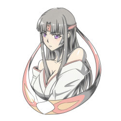 Rule 34 | 1girl, bare shoulders, black hair, breasts, cleavage, collarbone, japanese clothes, large breasts, long hair, purple eyes, queen&#039;s blade, solo, tomoe (queen&#039;s blade)