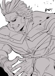 Rule 34 | 1boy, all might, black sclera, bodysuit, boku no hero academia, colored sclera, debris, from side, gesture request, greyscale, grin, looking ahead, male focus, monochrome, muscular, muscular male, pectorals, short hair, smile, solo, superhero costume, thick eyebrows, yan (bltyann)