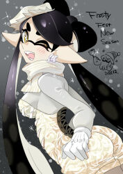 Rule 34 | 1girl, :d, ass, black hair, bow-shaped hair, breasts, bright pupils, callie (splatoon), commentary, dated, earrings, english commentary, eyelashes, food, food on head, glint, gloves, gradient background, grey background, hirafumi, hoop earrings, inkling, jewelry, large breasts, long hair, long pointy ears, looking at viewer, looking back, nintendo, object on head, one eye closed, open mouth, pointy ears, simple background, smile, solo, splatoon (series), splatoon 3, standing, star-shaped pupils, star (symbol), sushi, symbol-shaped pupils, teeth, tentacle hair, thick eyebrows, white gloves, white pupils, yellow eyes