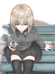 Rule 34 | 1girl, bench, black skirt, black thighhighs, blue eyes, can, closed mouth, coffee, commentary, dress shirt, drink can, from above, girls und panzer, grey shirt, highres, holding, holding can, insignia, itsumi erika, kuromorimine school uniform, long sleeves, medium hair, miniskirt, park bench, pleated skirt, school uniform, shirt, silver hair, sitting, skirt, smile, soda can, solo, steam, thighhighs, wing collar, yaegashi isa, zettai ryouiki