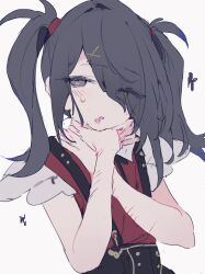 Rule 34 | 1girl, ame-chan (needy girl overdose), asphyxiation, black eyes, black hair, black ribbon, black skirt, blush, collared shirt, commentary, hair ornament, hair over one eye, hair tie, hands on own neck, hands up, highres, long hair, looking at viewer, neck ribbon, needy girl overdose, open mouth, otintin, red shirt, ribbon, self-harm scar, shirt, simple background, skirt, solo, strangling, suspender skirt, suspenders, sweatdrop, symbol-only commentary, twintails, upper body, white background, x hair ornament
