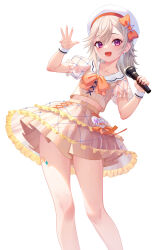 Rule 34 | 1girl, :d, absurdres, bow, earrings, fangs, frilled skirt, frills, grey hair, hat, hat bow, heart, highres, holding, holding microphone, idol, jewelry, komori met, layered skirt, leaning to the side, looking at viewer, medium hair, microphone, miniskirt, music, nikichiho, open mouth, orange bow, orange shirt, orange skirt, pleated skirt, puffy short sleeves, puffy sleeves, purple eyes, sailor collar, see-through, see-through sleeves, shirt, short sleeves, simple background, singing, skirt, skirt set, smile, solo, standing, star (symbol), stud earrings, thighs, triangle facial mark, virtual youtuber, vspo!, white background, white hat, white sailor collar, wristband