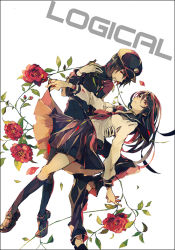 Rule 34 | black hair, flower, gloves, hat, mouth hold, original, red eyes, rose, school uniform, skirt, socks, yuuichi (bobobo)
