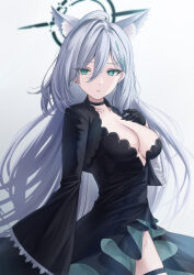 Rule 34 | 1girl, absurdres, ahoge, animal ear fluff, animal ears, aqua eyes, black choker, black dress, black gloves, black halo, black jacket, blue archive, breasts, broken halo, choker, cleavage, closed mouth, collarbone, commentary, cropped jacket, double-parted bangs, dress, earrings, extra ears, frilled dress, frills, gloves, grey hair, hair between eyes, halo, hand on own chest, highres, jacket, jewelry, long hair, long sleeves, looking at viewer, medium breasts, mismatched pupils, rama (yu-light8), shiroko (blue archive), shiroko terror (blue archive), simple background, slit pupils, solo, stud earrings, white background, wide sleeves, wolf ears, wolf girl