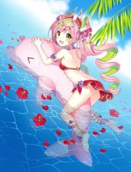 Rule 34 | 10s, 1girl, ange vierge, armlet, bare shoulders, bikini, blush, butt crack, day, dolphin, drill hair, flower, green eyes, green hair, hair ornament, jewelry, long hair, looking at viewer, looking back, multicolored hair, nardack, ocean, official art, open mouth, partially submerged, petals, pink hair, sarong, solo, swimsuit, twintails, water, wet