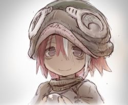 Rule 34 | 1girl, blush, brown eyes, brown hat, closed mouth, goggles, goggles on headwear, hair between eyes, hat, looking at viewer, made in abyss, multicolored hair, pink hair, short hair, sketch, smile, solo, tsukushi akihito, upper body, vueko, wavy mouth, white hair