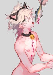 Rule 34 | 1boy, 1other, animal ears, bell, neck bell, black collar, blood, cat ears, collar, collarbone, commentary request, danganronpa (series), danganronpa 2: goodbye despair, fake animal ears, fish, grey background, grey eyes, grey hair, highres, komaeda nagito, looking at viewer, male focus, messy hair, nipples, nude, open mouth, pink blood, sexually suggestive, simple background, sin11111, skinny, solo focus, sweatdrop, tongue, tongue out
