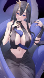 Rule 34 | 1girl, antlers, asymmetrical antlers, azur lane, bandaged wrist, bandages, bare shoulders, black dress, black hair, black nails, blue eyes, breast curtains, breasts, commentary request, deer antlers, dress, golden hind (azur lane), highres, horns, large breasts, licking, licking finger, long hair, looking at viewer, mole, mole under mouth, nail polish, navel, reindeer antlers, revealing clothes, seele0907, solo, stomach, tentacle between breasts, tentacles, tongue, tongue out, very long hair