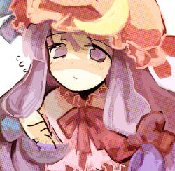 Rule 34 | 1girl, bad id, bad pixiv id, crescent, dadami, expressionless, female focus, hat, looking at viewer, mob cap, patchouli knowledge, purple eyes, purple hair, simple background, solo, touhou, upper body, white background