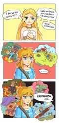 Rule 34 | ..., 1boy, 1girl, :d, :|, artist request, bare shoulders, beam, bear, bird, blonde hair, blue eyes, blue tunic, blush, bokoblin, bracelet, chicken, clenched teeth, closed mouth, collarbone, comic, english text, explosion, falling, fire, food, fruit, gerudo set (zelda), grass, great fairy mija, green eyes, guardian (zelda), hands on own chest, highres, hill, holding, holding food, holding fruit, jewelry, jumping, link, log, long hair, necklace, nintendo, open mouth, pointy ears, princess zelda, riding, rock, short ponytail, simple background, smile, source request, sparkle, speech bubble, sweat, sweatdrop, teeth, the legend of zelda, the legend of zelda: breath of the wild, thought bubble, torch, tripping, tunic, watermelon, weapon