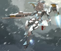 Rule 34 | 1girl, android, aqua eyes, armor, bayonet, bodysuit, breasts, commentary request, flying, gun, headgear, highres, hispol (04-uma-alpha), holding, holding gun, holding weapon, medium hair, missile pod, original, rain, rifle, science fiction, small breasts, solo, thrusters, weapon, white hair, wings