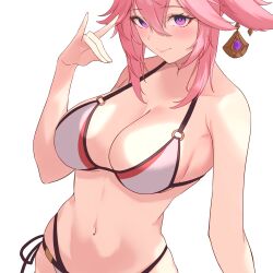 Rule 34 | 1girl, animal ears, bare shoulders, bikini, blush, bow, breasts, collarbone, earrings, fox ears, genshin impact, hair between eyes, hair ornament, hand up, highres, jewelry, large breasts, light blush, pink hair, purple eyes, ring, short hair, simple background, smile, solo, swimsuit, upper body, vic 1223, white background, white bikini, yae miko