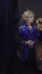 Rule 34 | 1boy, alphinaud leveilleur, antenna hair, black pants, blue coat, blue eyes, buttons, coat, crossed bangs, cup, curtains, drinking glass, elezen, elf, final fantasy, final fantasy xiv, formal, gloves, highres, holding, holding cup, jewelry, long sleeves, looking to the side, male focus, medium hair, pants, parted lips, pointy ears, ponytail, ring, shirt, silver hair, solo, sukly, toasting (gesture), white gloves, white shirt